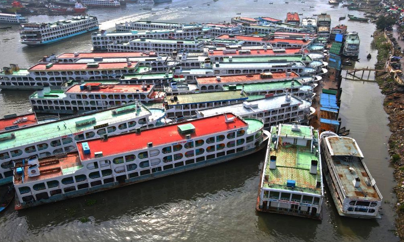 Ferries are docked at a terminal in Dhaka, Bangladesh, on June 24, 2021. Bangladesh has suspended transport services linking capital Dhaka as the country strives to contain the spread of the COVID-19 pandemic. Bangladesh Railway (BR) announced on Tuesday in a circular to suspend all trains to and from the capital city starting from 12:01 a.m. local time on Wednesday.Photo:Xinhua