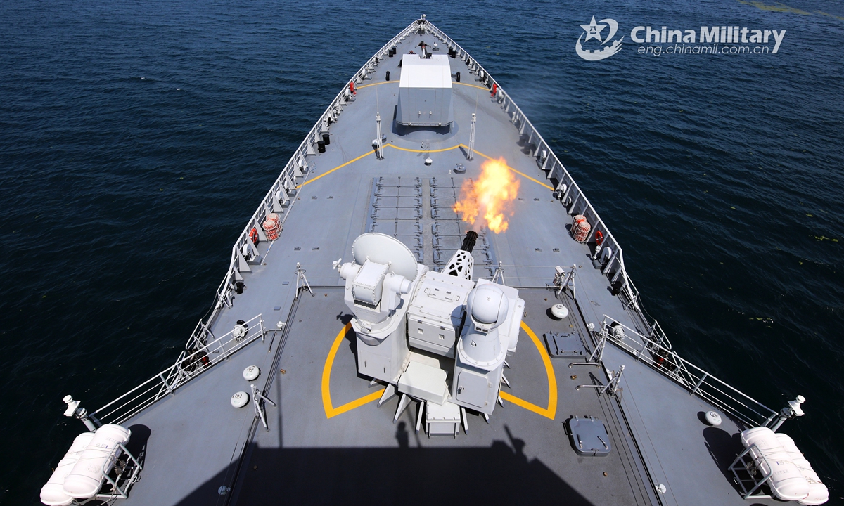 The guided-missile destroyer Qiqihar (Hull 121) attached to a destroyer flotilla with the navy under the PLA Northern Theater Command fires its close-in weapons system during a maritime live-fire test on June 7, 2021.Photo:China Military