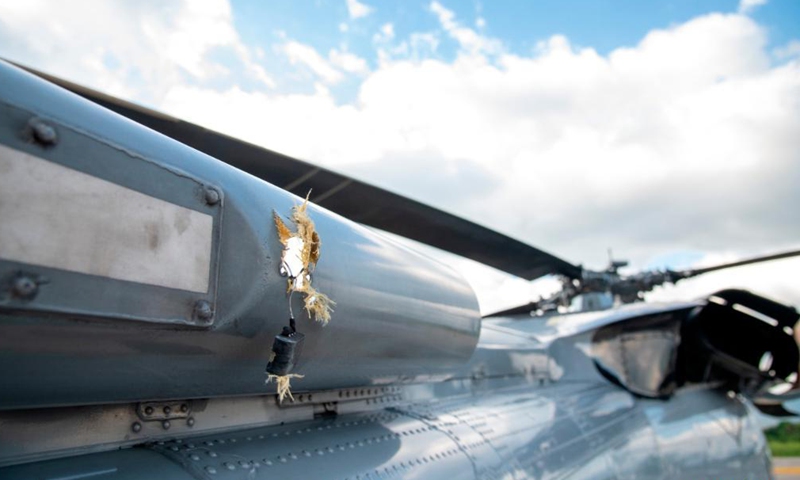 Photo taken on June 25, 2021 shows the damage to the helicopter of Colombian President Ivan Duque. Ivan Duque said on Friday that a helicopter carrying him and several officials was struck by multiple bullets in the southern Catatumbo region. Photo:Xinhua