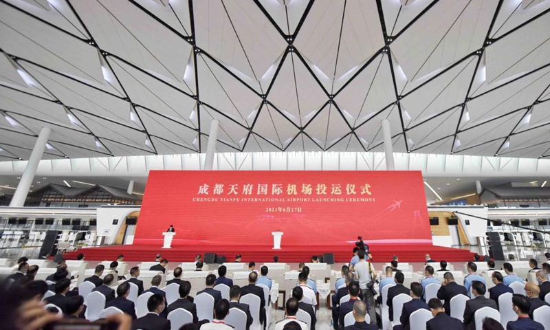 The launching ceremony of the Chengdu Tianfu International Airport is held at the T1 terminal in Chengdu, southwest China's Sichuan Province, June 27, 2021. Chengdu Tianfu International Airport in southwest China's Sichuan Province has opened for operations, with a Sichuan Airlines flight bound for Beijing taking off on Sunday morning. (Xinhua)