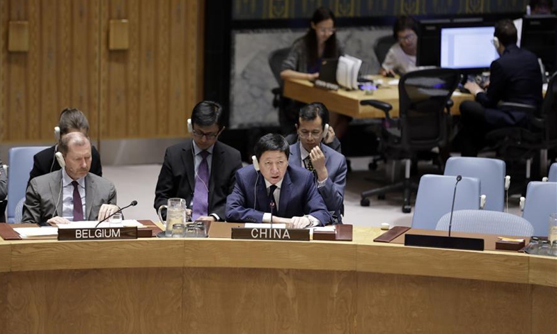 Wu Haitao (R, front), China's deputy permanent representative to the United Nations, addresses the Security Council's meeting on the situation in Ukraine, at the UN headquarters in New York, July 16, 2019. Wu Haitao said Tuesday that China has always held an objective position on the issue of Ukraine, noting the United Nations Security Council should play a constructive role in this regard. (Photo:Xinhua)
