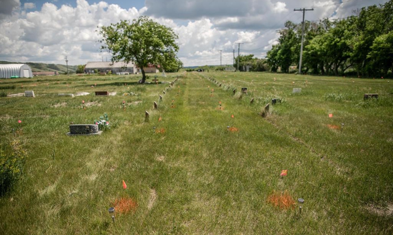 Flag marks are seen at the site of unmarked graves near a former indigenous residential school in Saskatchewan, Canada, on June 27, 2021. The Cowessess First Nation, an indigenous group in Saskatchewan, on Thursday announced a preliminary discovery of 751 unmarked graves near a former indigenous residential school.(Photo: Xinhua)
