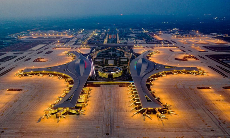 Aerial photo taken on May 7, 2021 shows the Chengdu Tianfu International Airport in Chengdu, southwest China's Sichuan Province. Chengdu Tianfu International Airport in southwest China's Sichuan Province has opened for operations, with a Sichuan Airlines flight bound for Beijing taking off on Sunday morning.(Photo:Xinhua)