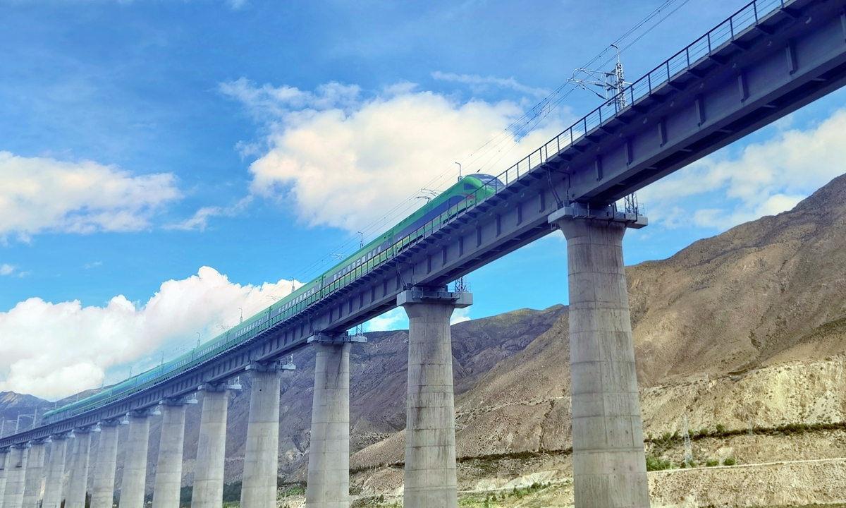 Main: A Fuxing bullet train operates on the first electrified railway line in Southwest China's Tibet Autonomous Region on Friday.  Photo: IC 
