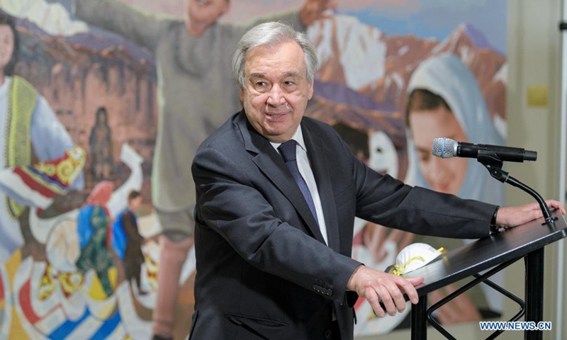 United Nations (UN) Secretary-General Antonio Guterres addresses a presentation ceremony at the UN headquarters in New York, on June 28, 2021. Afghanistan on Monday presented a painting, entitled The Unseen Afghanistan, to the UN. Afghanistan's UN Ambassador Adela Raz said at the presentation ceremony that the artwork is the first gift presented by Afghanistan to the UN since 1963. (Manuel Elías/UN Photo/Handout via Xinhua)