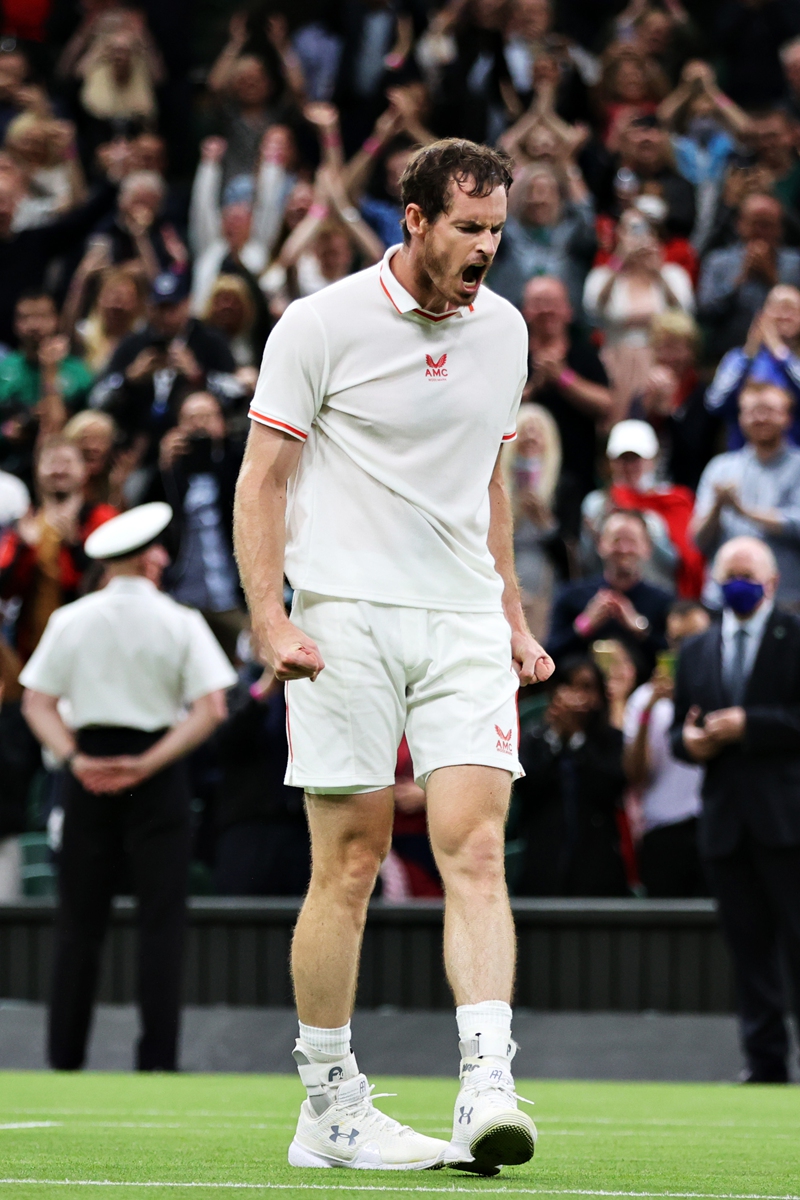 Andy Murray of Great Britain celebrates victory after winning his men's singles first-round match against Nikoloz Basilashvili of Georgia during Day 1 of the 2021 Wimbledon Championships in London, England on Monday. Photo: VCG
