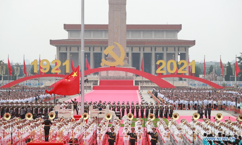 A flag-raising ceremony is held during a grand gathering celebrating the Communist Party of China (CPC) centenary at Tian'anmen Square in Beijing, capital of China, July 1, 2021. (Photo:Xinhua)