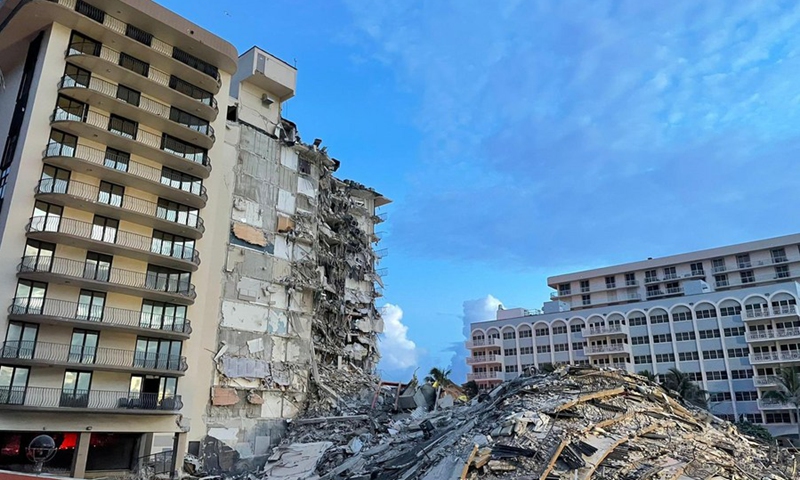 Photo released by the Miami-Dade Fire Rescue on June 25, 2021 shows a partially collapsed residential building in Miami-Dade County, Florida, the United States.(Photo: Xinhua)