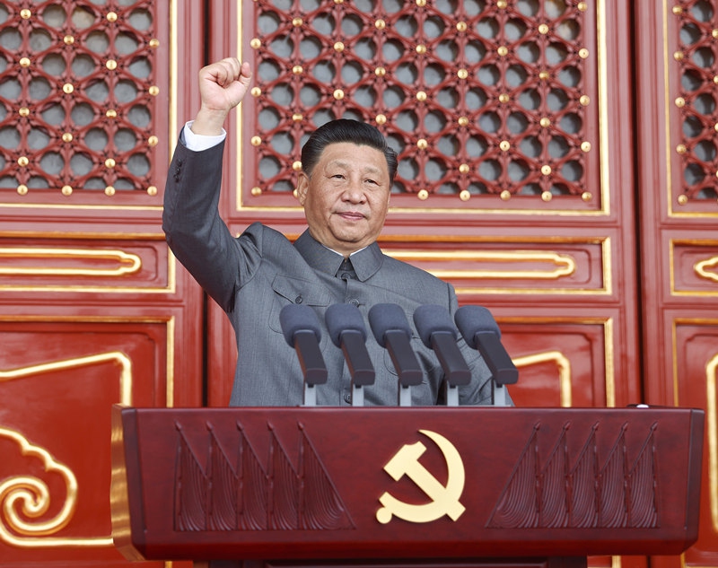 Xi Jinping, general secretary of the Communist Party of China (CPC) Central Committee, Chinese president and chairman of the Central Military Commission, delivers an important speech at a ceremony marking the CPC's centennial at Tian'anmen Square in Beijing on Thursday. Photo: Xinhua