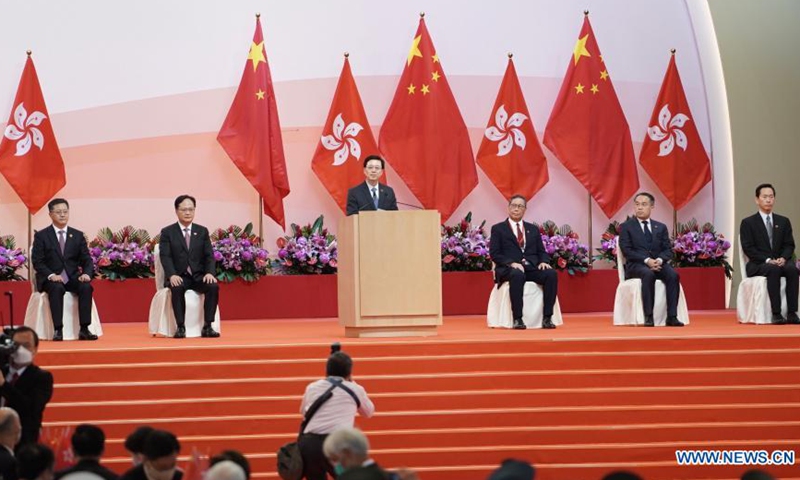 Acting Chief Executive of the Hong Kong Special Administrative Region (HKSAR) John Lee addresses a reception held by the HKSAR government at the Hong Kong Convention and Exhibition Center in celebration of the 24th anniversary of Hong Kong's return to the motherland in Hong Kong, south China, July 1, 2021.Photo:Xinhua