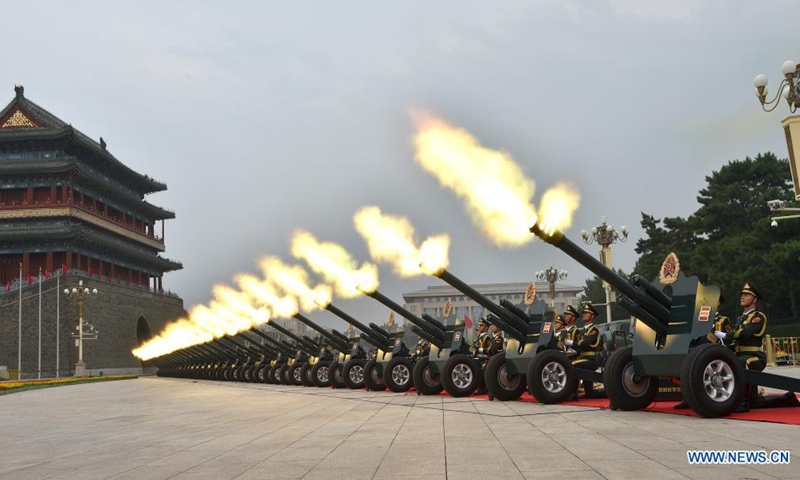 A gun salute is fired during a ceremony marking the centenary of the Communist Party of China (CPC) at Tian'anmen Square in Beijing, capital of China, July 1, 2021.Photo:Xinhua