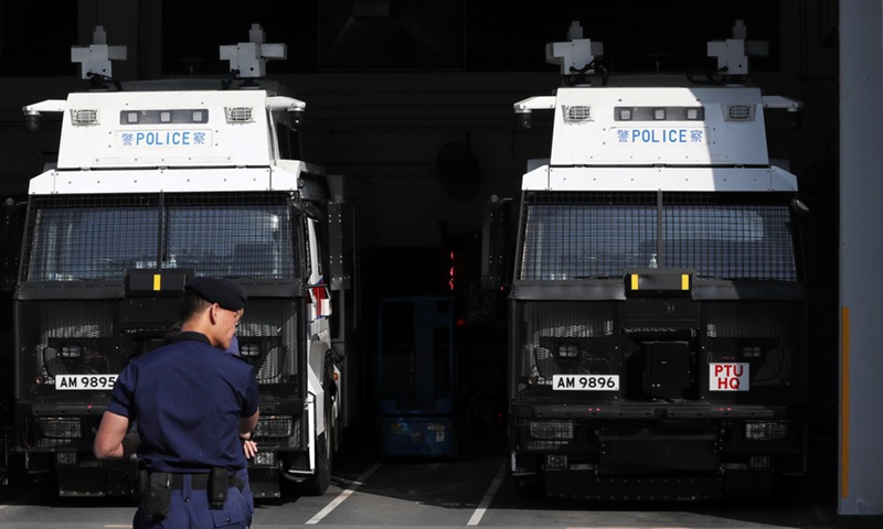 Photo taken on Feb 4, 2021 shows police cars at the Police Tactical Unit Headquarters in Hong Kong, south China.Photo:Xinhua
