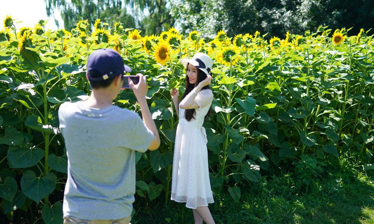 A girl poses for photos with sunflowers at the Beijing Olympic Forest Park in Beijing, capital of China, July 4, 2021. (Xinhua/Chen Yehua)