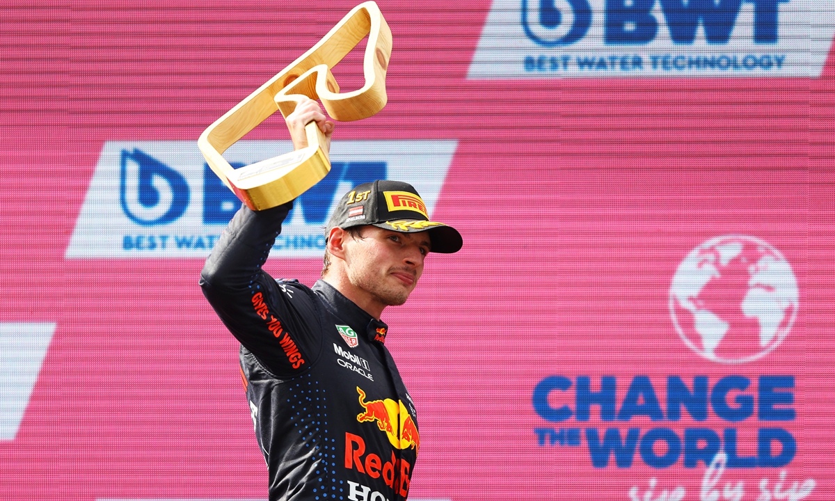 Max Verstappen celebrates on the podium on Sunday in Spielberg, Austria. Photo: VCG
