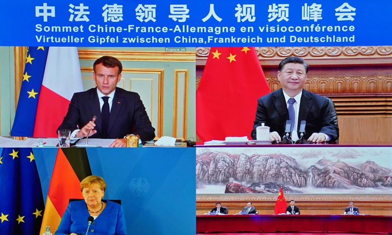 Chinese President Xi Jinping holds a virtual summit with French President Emmanuel Macron and German Chancellor Angela Merkel in Beijing, capital of China, July 5, 2021.(Photo: Xinhua)