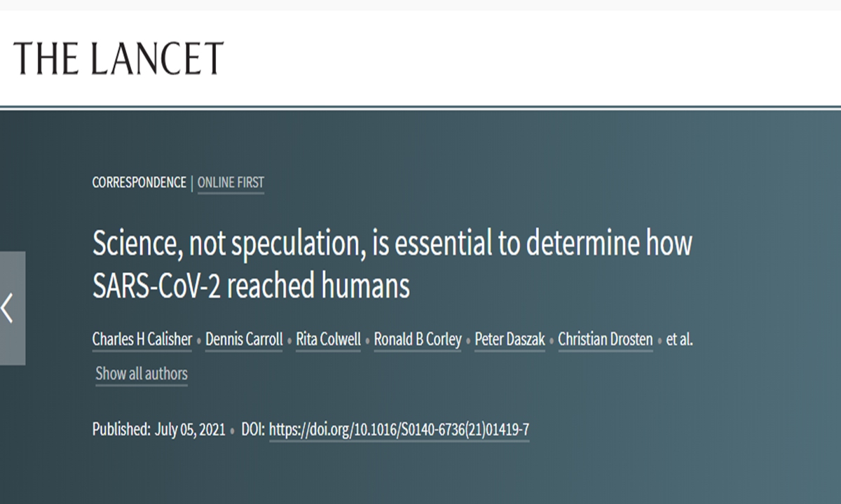 Screenshot of an open letter on international media journal The Lancet, urging that science, not speculation, is essential to determine how the virus that triggered the COVID-19 pandemic reached humans. Photo: website of The Lancet. 
