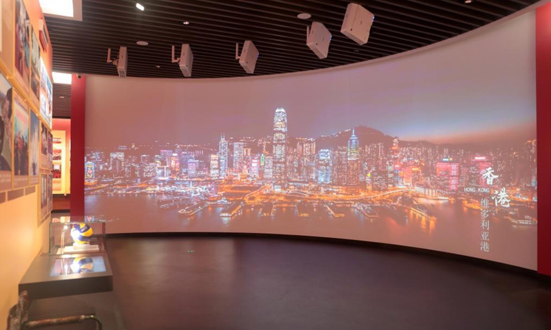 Photo taken on June 26, 2021 shows the hall under the theme about the Chinese dream at the exhibition center of the Chinese People's Liberation Army (PLA) Garrison in the Hong Kong Special Administrative Region (HKSAR) in Hong Kong, south China. Photo:Xinhua