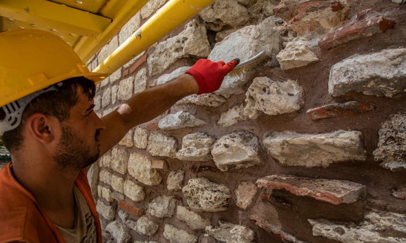 A man works to restore the Boukoleon Palace in Istanbul, Turkey, on July 2, 2021.Photo:Xinhua
