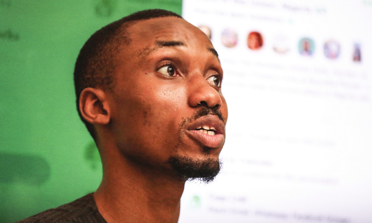 Basil Abia, organizer of New Nigeria Movement gestures at the union meeting via Clubhouse application in Abuja on May 31, 2021. Photo: AFP