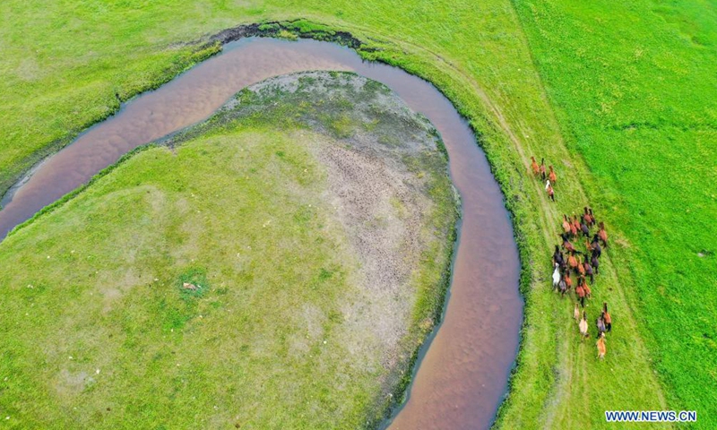 Aerial photo taken on July 12, 2021 shows the scenery of a grassland in Dong Ujimqin Banner of Xilin Gol, north China's Inner Mongolia Autonomous Region. (Xinhua)