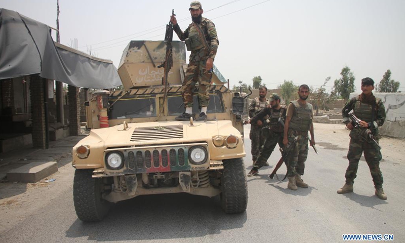 Afghan security force members take part in a military operation against Taliban militants in Alishing district of Laghman province, eastern Afghanistan, on July 12, 2021. Taliban militants have been intensifying activities to capture more districts, as the U.S. troops are completing the pull-out from Afghanistan. In the meantime, Afghan security forces have been conducting counter-offensives to foil the militant group's efforts.(Photo: Xinhua)