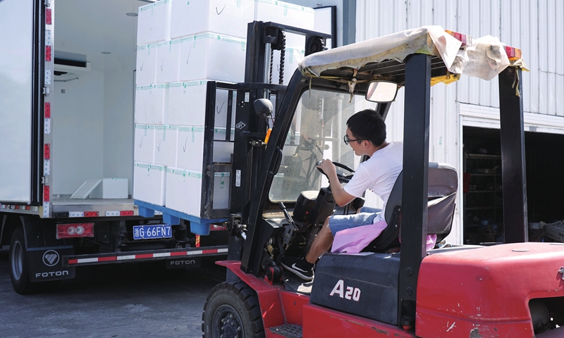 A man drives a vehicle to lift boxes of mushrooms onto a truck in Wangzhai town, Jinhua, East China's Zhejiang Province on Wednesday. It's now time to harvest locally cultivated off-season mushrooms, with more than 5,000 kilograms of them collected each day. 
Photo: cnsphoto