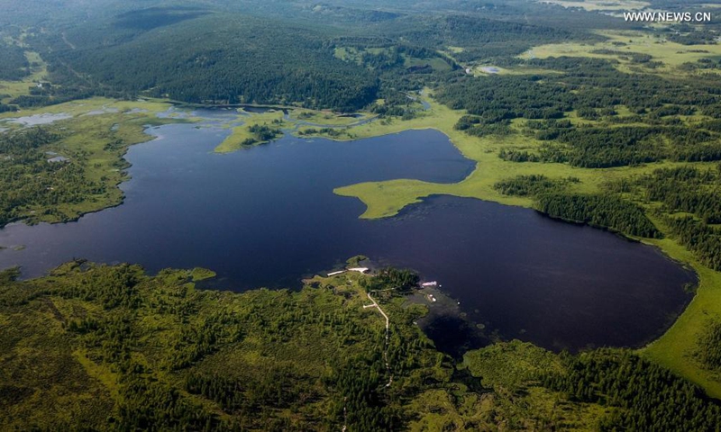 Aerial photo taken on July 14, 2021 shows the Dujuan Lake in the Arxan National Forest Park, north China's Inner Mongolia Autonomous Region. (Xinhua)