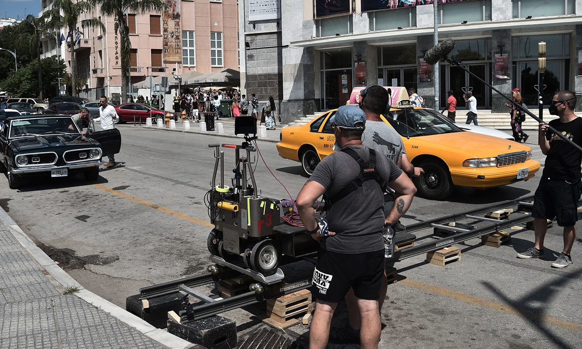 A film crew shoots action thriller <em>The Enforcer</em> on July 3 in the streets of Thessaloniki, Greece. Photo: AFP