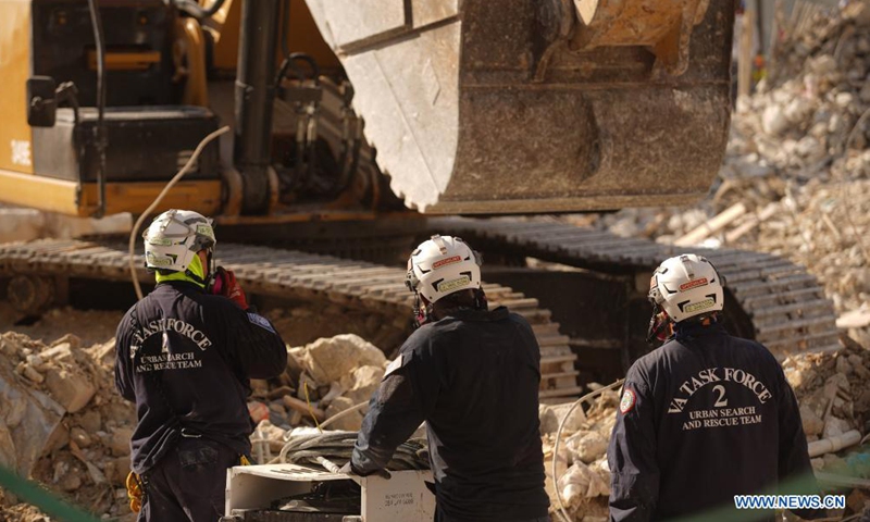 File photo released by the Miami-Dade Fire Rescue on July 10, 2021 shows task force members working at the residential building collapse site in Miami-Dade County, Florida, the United States.Photo:Xinhua