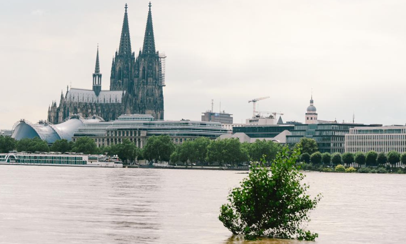 The bank of the river Rhine is seen flooded in Cologne, western Germany, on July 15, 2021.Photo:Xinhua