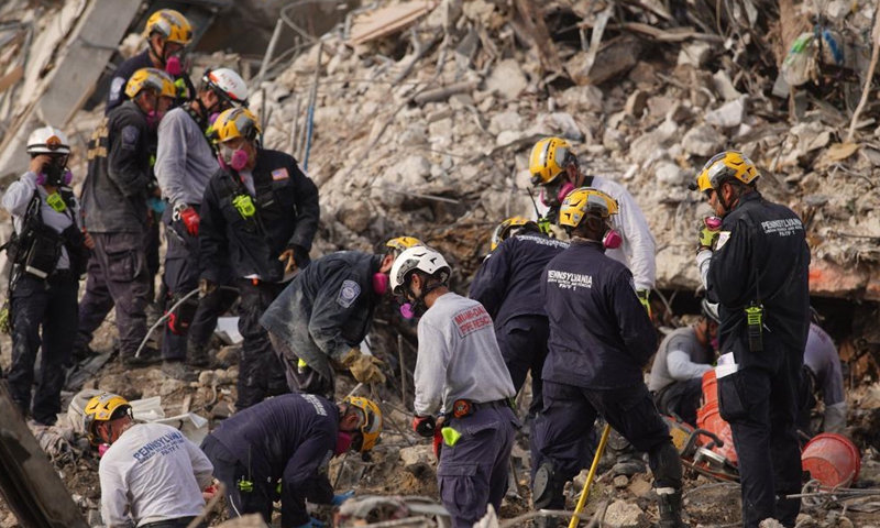 File photo released by the Miami-Dade Fire Rescue on July 10, 2021 shows task force members working at the residential building collapse site in Miami-Dade County, Florida, the United States.Photo:Xinhua