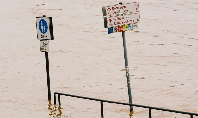 The bank of the river Rhine is seen flooded in Cologne, western Germany, on July 15, 2021.Photo:Xinhua