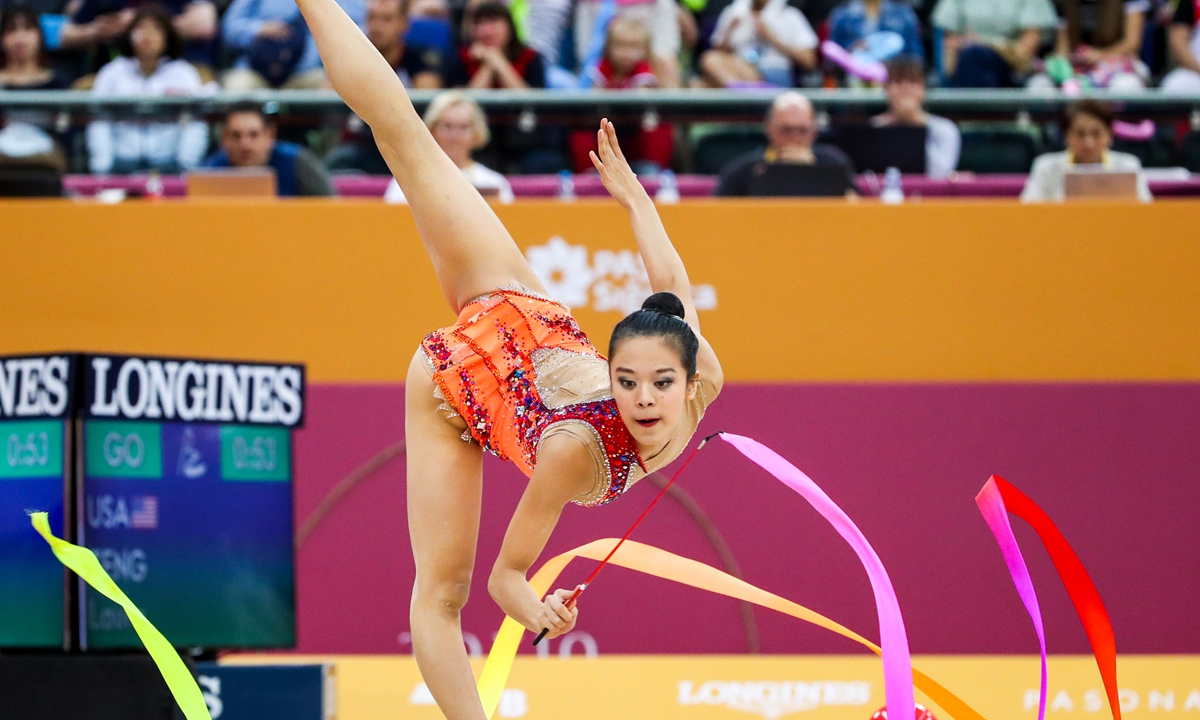 Laura Zeng of the US performs her ribbon routine at the individual all-around final at the Rhythmic Gymnastics World Championships on September 20, 2019. Photo: IC