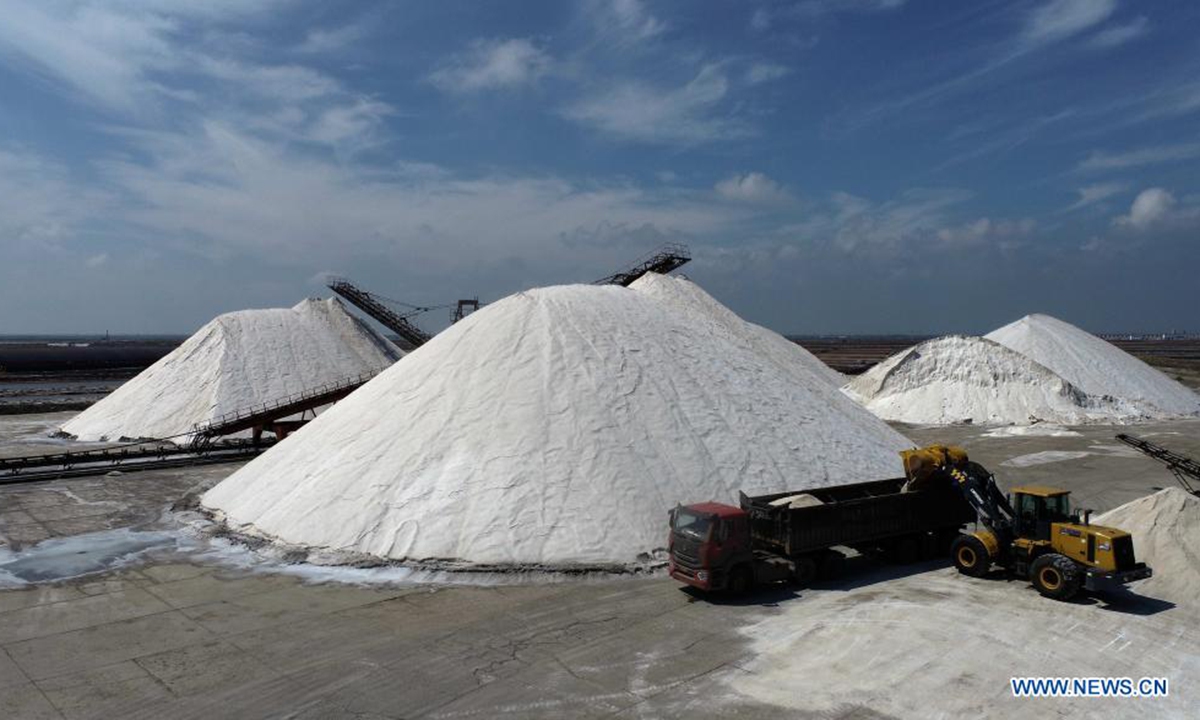 Aerial photo taken on July 19, 2021 shows an employee loading salt at the Changlu Daqinghe saltworks in Tangshan, north China's Hebei Province. (Photo by Li Lei/Xinhua)