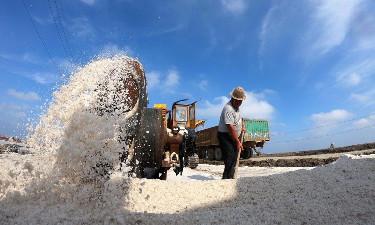 Photo taken on July 19, 2021 shows an employee working at the Changlu Daqinghe saltworks in Tangshan, north China's Hebei Province. (Photo by Li Lei/Xinhua)