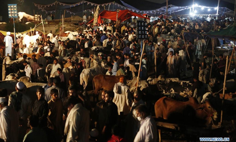 People visit a livestock market ahead of Eid al-Adha in Rawalpindi of Pakistan's Punjab province on July 19, 2021. (Photo: Xinhua)