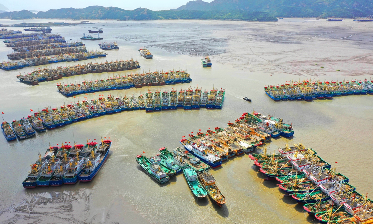 Fishing boats are anchored off a port at Wenling, East China's Zhejiang Province on Wednesday as they take shelter from a typhoon. The storm named Yanhua, which is approaching southern China, has exerted remote control over Central China's Henan Province, which was hit by the heaviest rain in 60 years. To avoid danger, all fishing boats stopped working on Monday. Photo: cnpshoto