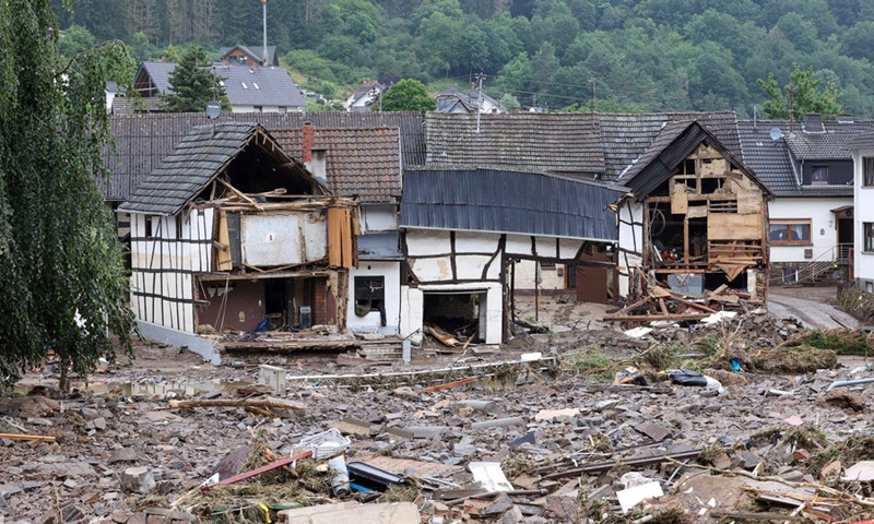 Photo taken on July 16, 2021 shows roads and houses damaged in flood in Schuld, a town in Ahrweiler, Germany.(Photo: Xinhua)