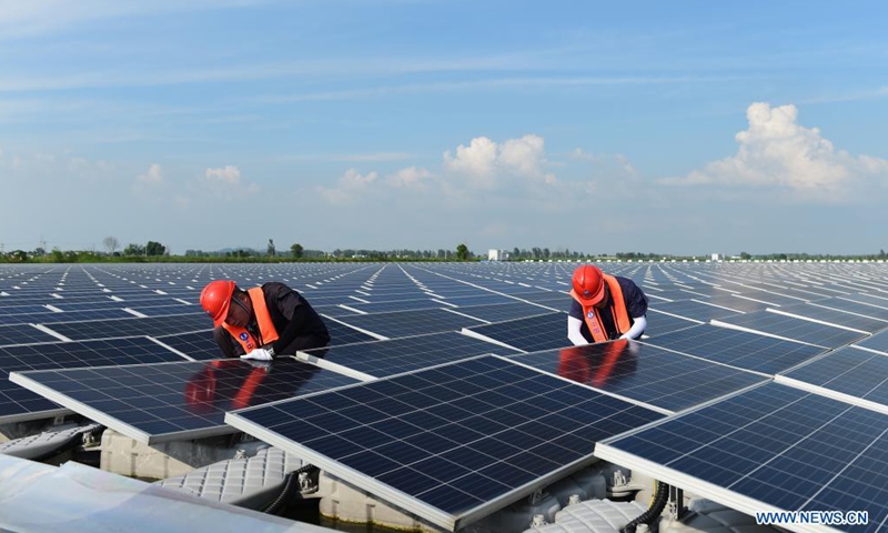 Photo taken on July 20, 2021 shows a floating solar farm in Panji District of Huainan City, east China's Anhui Province.Photo:Xinhua