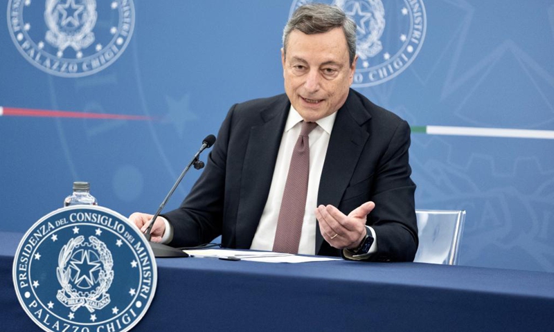 Italian Prime Minister Mario Draghi attends a press conference in Rome, Italy, on July 22, 2021. The COVID Green Pass will be mandatory to enter restaurants, cafes and other eateries in Italy starting from Aug. 6, the government announced Thursday.Photo:Xinhua
