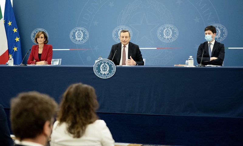 Italian Prime Minister Mario Draghi (C) attends a press conference in Rome, Italy, on July 22, 2021. The COVID Green Pass will be mandatory to enter restaurants, cafes and other eateries in Italy starting from Aug. 6, the government announced Thursday.Photo:Xinhua