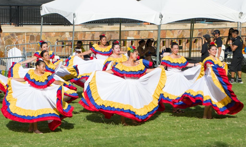 People perform traditional Colombian dance at the Dallas Colombian Festival in Dallas, the United States, on July 24, 2021. (Photo by Dan Tian/Xinhua)