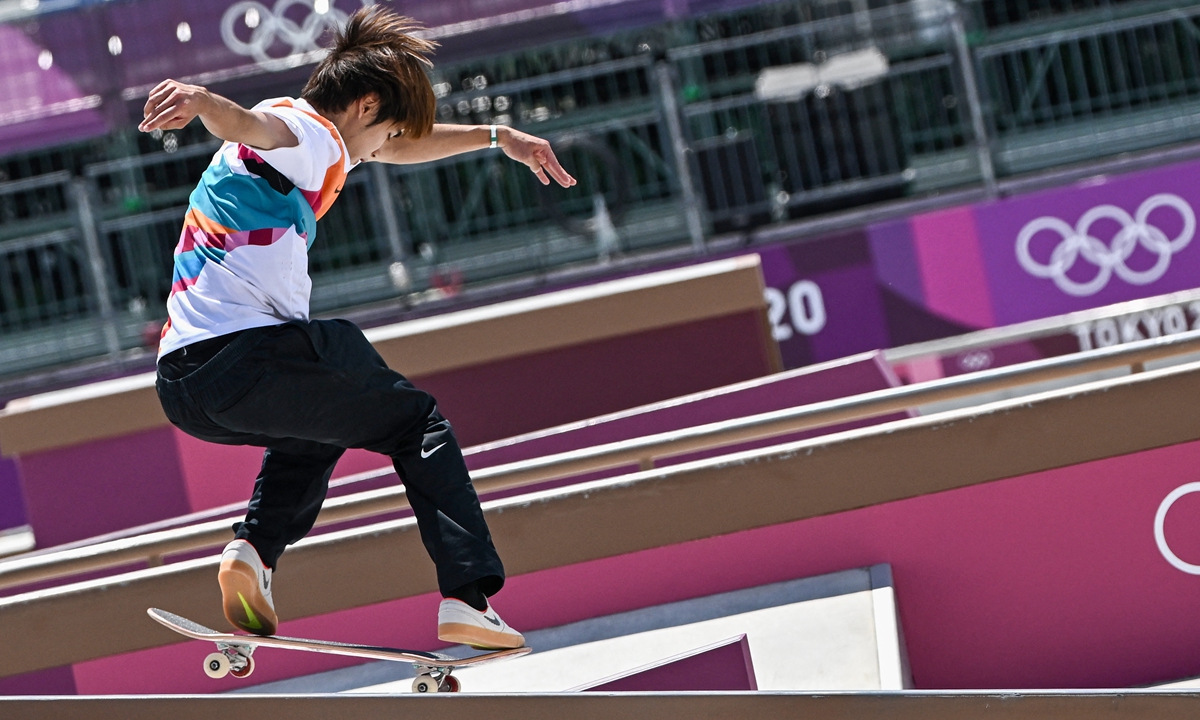 Japan's Yuto Horigome competes in the men's street final during the Tokyo Olympics in Tokyo on Sunday. Photo: AFP