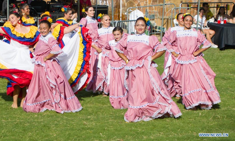 People perform traditional Colombian dance at the Dallas Colombian Festival in Dallas, the United States, on July 24, 2021. (Photo by Dan Tian/Xinhua)