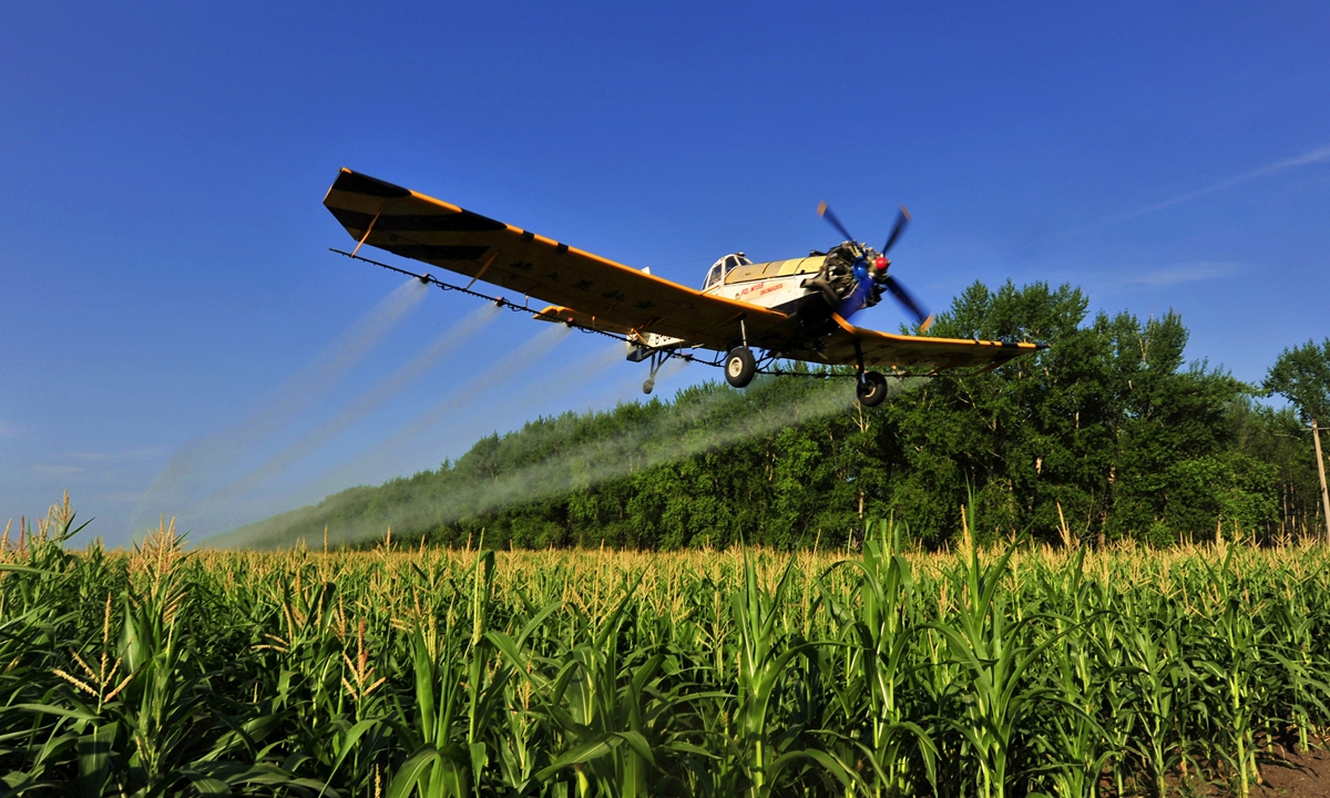 A plane sprays pesticides and growth agents to ensure the healthy growth of crops in Northeast China's Heilongjiang Province, a major grain producer in China. The corn planting area and yield in the region account for more than 13 percent of the country's total, while for soybeans the figure is more than 40 percent. The mechanization level of farming in the province has reached 98 percent. Photo: VCG