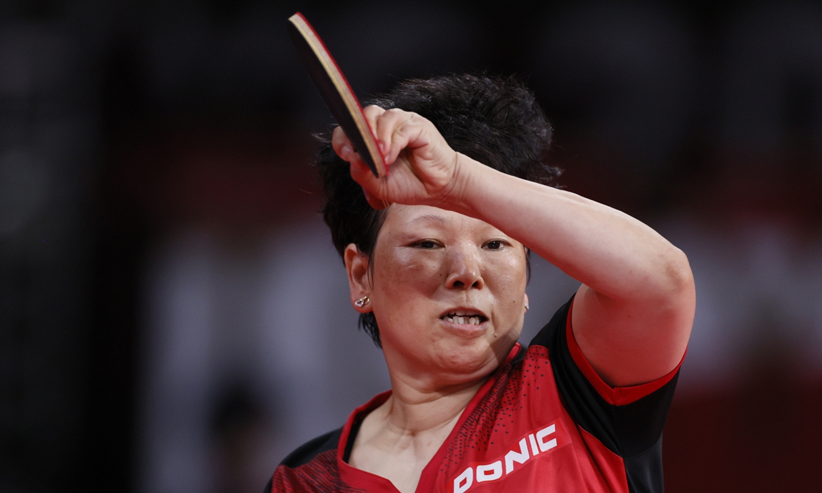 Ni Xialian of Team Luxembourg in action during her Women's Singles Round 2 match on day two of the Tokyo 2020 Olympic Games at Tokyo Metropolitan Gymnasium on July 25, 2021 in Tokyo, Japan.