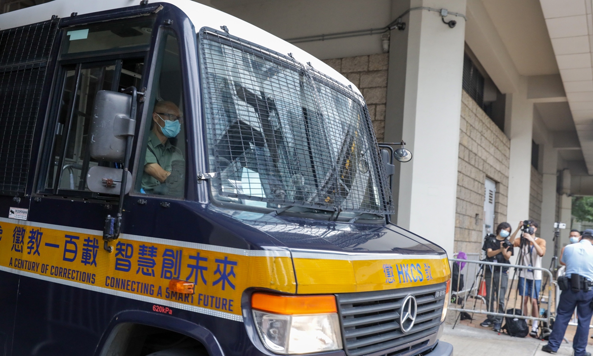 A prison van carrying Leon Tong Ying-kit leaves a court in Hong Kong on Tuesday after Tong, 24, was found guilty of inciting secessionism and terrorism under the national security law for Hong Kong. Photo: cnsphoto