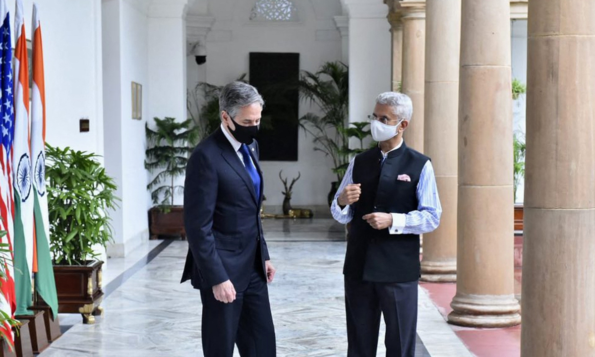 Indian Minister of External Affairs Subrahmanyam Jaishankar (right) welcomes US Secretary of State Antony Blinken at Hyderabad House in New Delhi ahead of a meeting on Wednesday. Photo: AFP