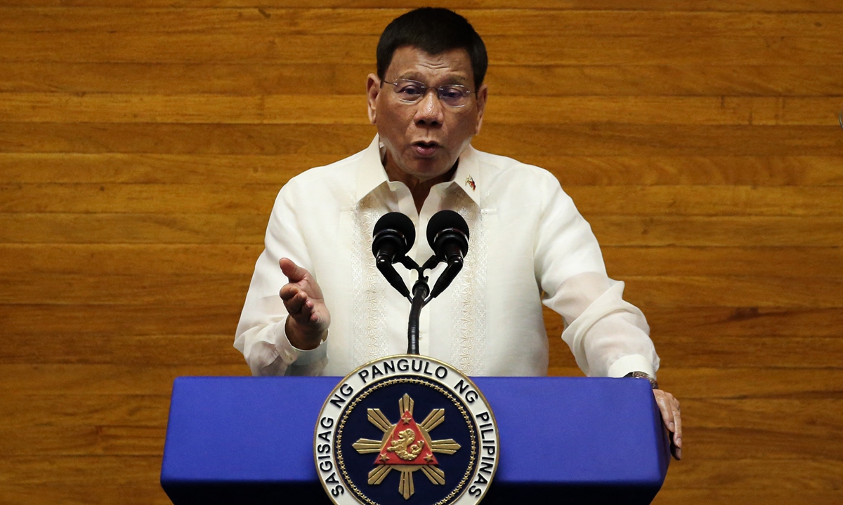 Philippine President Rodrigo Duterte speaks during the annual state of the nation address at the House of Representatives in Manila on Monday. Photo: AFP
