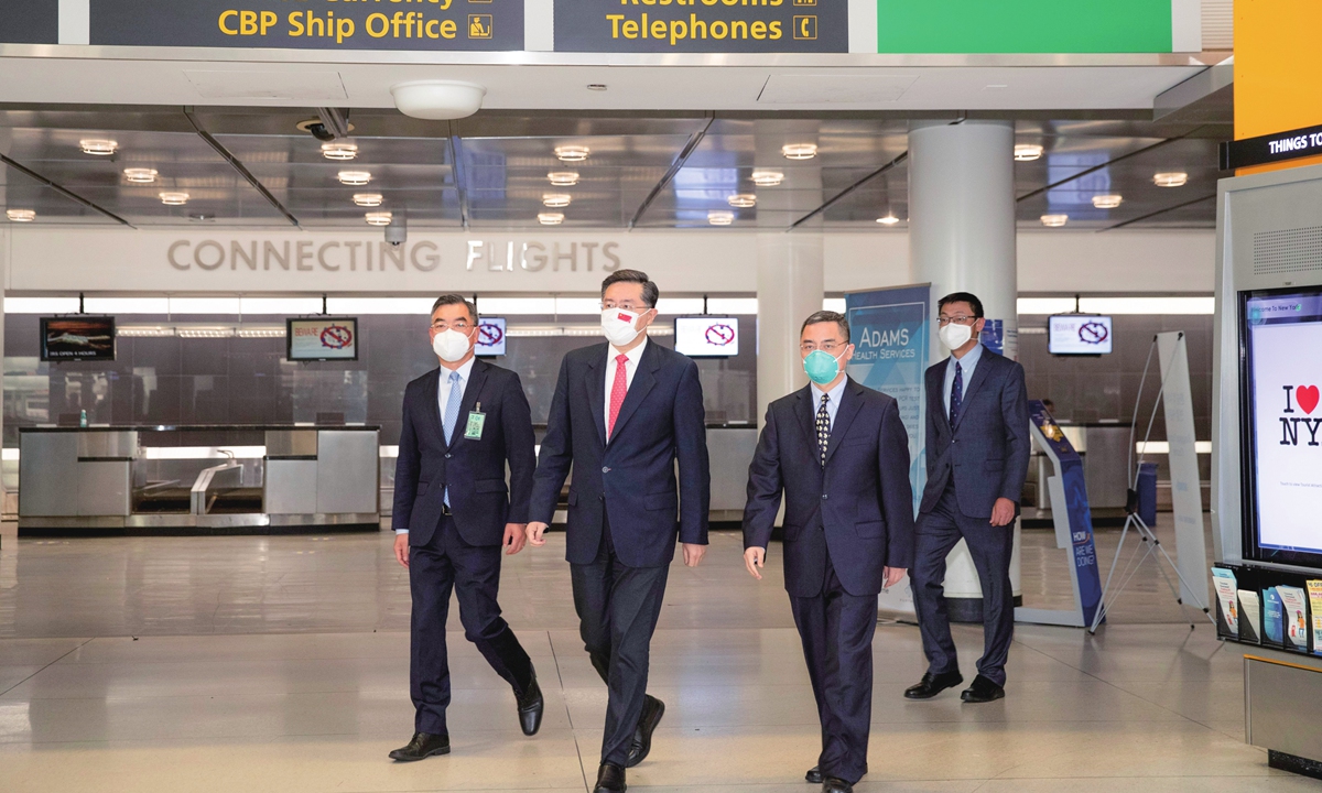 New Chinese Ambassador to the US Qin Gang (front center) arrives in the US on Wednesday local time. He is wearing a face mask with a Chinese national flag. Photo: Courtesy of the Chinese Embassy in the US